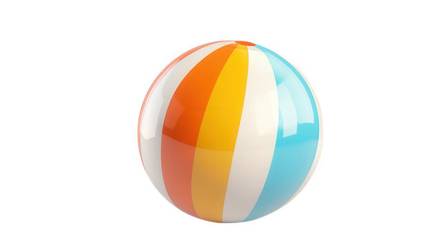 colorful beach ball with alternating stripes of orange. blue. and white. resting on a clean. white background it symbolizes fun and leisure. often associated with beach activities and summer outings