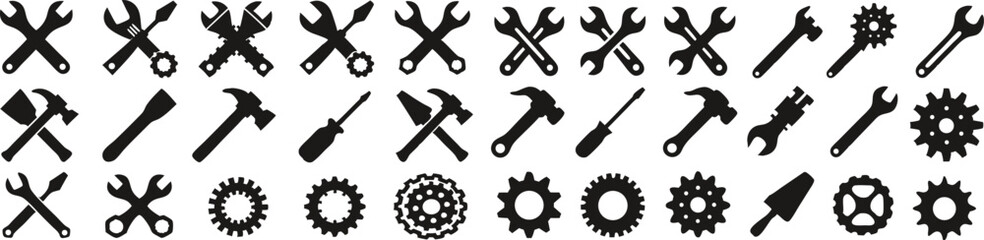 Comprehensive Tool and Gear Icon Set - Black Vector Illustrations for Industrial and Repair Designs