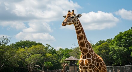 Obraz premium Gentle Giant Under Blue Skies Giraffe In The Sun African Majesty A Moment Of Peace Reaching For The Sun Savanna Sentinel Summer Serenity Giraffe Portrait High Above The Trees Under African Skies