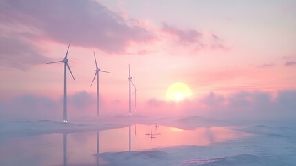 Obraz premium A serene sunset over wind turbines.