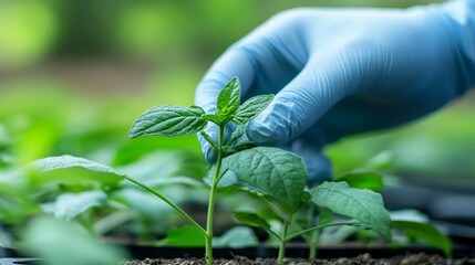 Gloved hand gently examining vibrant green seedlings growing in rich soil life plant fresh earth