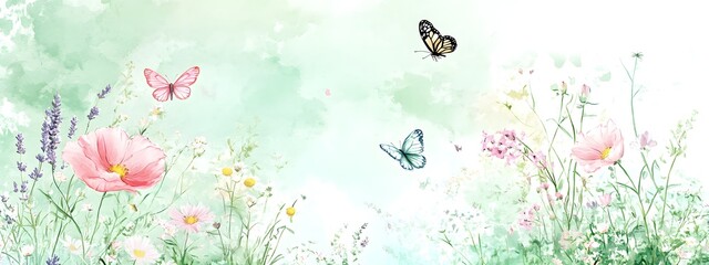 beautiful spring season design on a soft, green watercolor background. Hand-drawn floral elements featuring pink wildflowers such as poppies, daisies