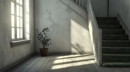 Fototapeta premium Minimalist room with a left-side window, wood floors, white walls, a staircase with greenish-gray carpet to the right, and a potted plant at the base.