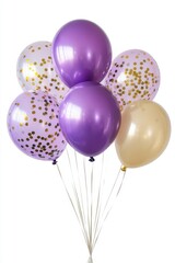 Festive balloon bunch with purple and gold confetti filled balloons creating a celebratory mood on a clean white background perfect for party decoration and event design