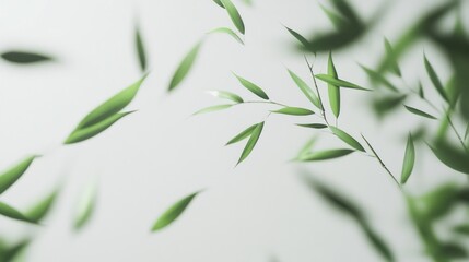 Delicate green bamboo leaves floating in the air