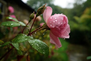 dew-covered pink rose in foreground, its reflection visible in a nearby birdbath as mist rises from the lawn