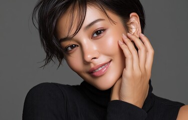 A Japanese actress, a very beautiful woman with short hair, wearing a black tank top and shoulder-length sleeves, poses for a photoshoot