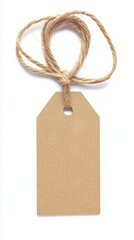 Rustic blank tag with twine on white background for gift wrapping and product labeling creating a minimalist aesthetic with natural light and clean composition