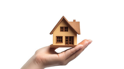 hand holding a small wooden model of a house. symbolizing home ownership or real estate the background is light and simple. emphasizing the house model and the concept of housing