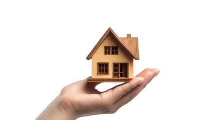 hand holding a small wooden model of a house. symbolizing home ownership or real estate the background is light and simple. emphasizing the house model and the concept of housing