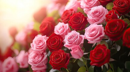 Obraz premium Bunch of Red and Pink Roses Blooming with Green Leaves and Sunlight for Celebration