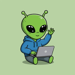Cute Alien Working On Laptop Cartoon Vector Icons Illustration Flat Style