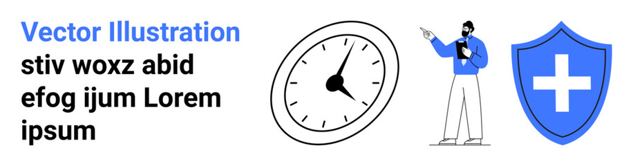 Clipboard user gesturing near an analog clock and a shield with a cross symbol. Ideal for time management, healthcare, productivity, responsibility, safety, planning, simple landing page