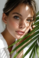 Fototapeta premium Model with palm leaves in front of her, soft shadows, light background