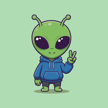 Cute Alien With Peace Hand Cartoon Vector Illustration