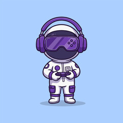 Cute Astronaut Playing Game Joystick Cartoon Vector Icon Illustration.