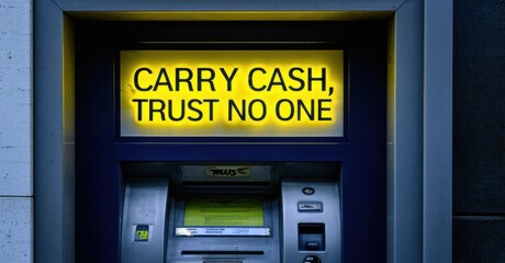 Neon carry cash trust no one sign pulsing weakly in yellow over sketchy atm deep navy and muted silver symbolizing street smart survival