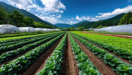 A large greenhouse with rows of lush, green plants growing, surrounded by an open field under clear blue skies