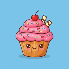 Delicious cute pink cupcake vector illustration. Smiling cupcake cartoon mascot