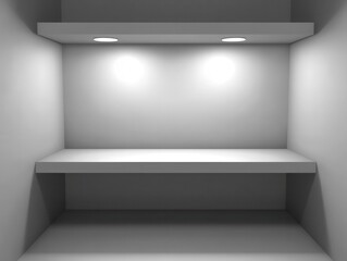 Fototapeta premium Clean white shelf illuminated by two spotlights offering a minimalist modern display space for product placement or artistic presentation in a studio setting