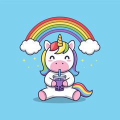 Cute Unicorn with Rainbow Hair Drinking Boba Tea Vector Illustration