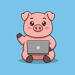 Illustration of Cute Pig Working On Laptop Cartoon Vector