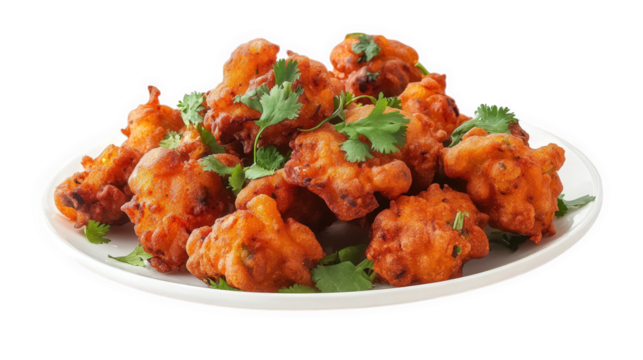 a plate of golden-brown fritters garnished with fresh green cilantro leaves. showcasing a delicious and crispy snack often enjoyed in various cuisines ideal for gatherings. parties. or as a savory app