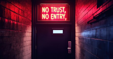Neon no trust no entry sign flickering in deep red above hidden alley doorway deep navy and muted silver symbolizing urban exclusivity