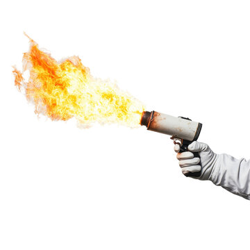 White gloved hand operates flamethrower emitting bright flames in a controlled setting, Photograph white gloved hand holding flamethrower head isolated on Transparent background