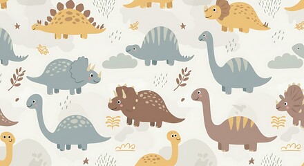Obraz premium Prehistoric Pals: A Whimsical Dino Pattern AI Generated