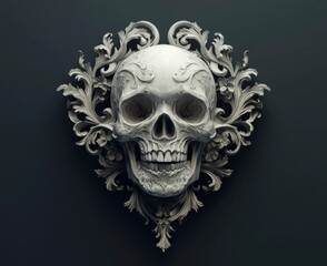 White Skull with Intricate Baroque Frame Against Dark Gray Background