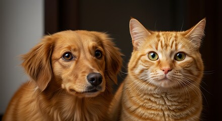 Golden Companions A Furry Friendship Unexpected Friends Dog And Cat Portrait Harmony In Fur Two Souls One Photo The Perfect Pair Orange Hues Cozy Companions Gentle Giants AI Generated