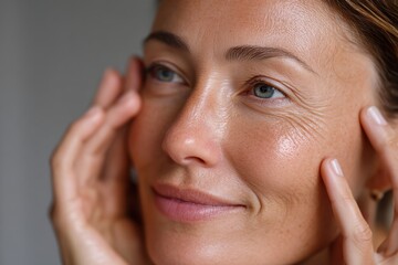 A serene woman caressing her face, reflecting self-care and beauty while embracing natural skin, promoting a message of confidence and self-love in the wellness journey.