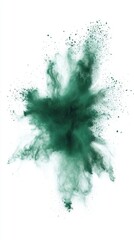 Emerald green powder explosion against a stark white backdrop creating a dynamic and artistic visual effect for abstract concept and design element