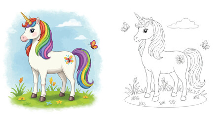 Mythical Unicorn Amidst Nature: A magical unicorn, adorned with a rainbow mane and tail, stands gracefully in a picturesque meadow, inviting you into a world of wonder and imagination. 