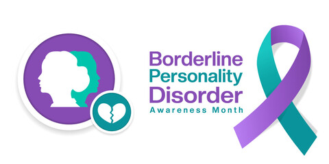 May Is National Borderline Personality Disorder Awareness Month. Human, heart and ribbon. Suitable for posters, banners, social media and more. White background.