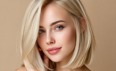 Fototapeta premium Beautiful blonde woman with shoulder-length hair posing for the camera in a white dress, isolated on a grey background