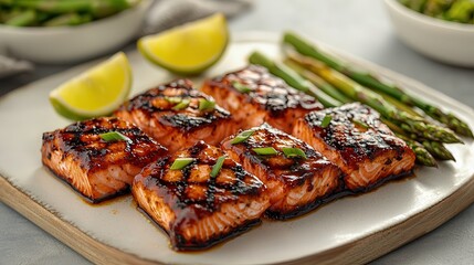 Teriyaki salmon asparagus grilled Grilled salmon fillets garnished with lime and asparagus on a plate.