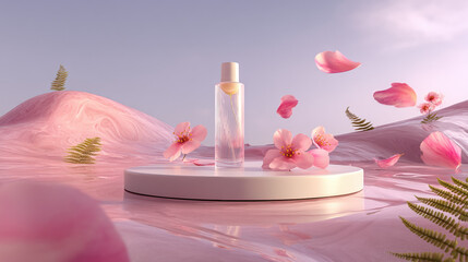 Skincare Bottle with Pink Flowers on Fantasy Platform