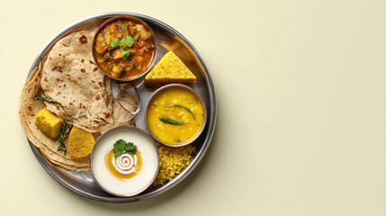 Simple Thali with Roti Curry and Salad Studio Shot