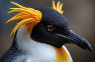 Naklejka premium portrait of a Macaroni penguin, focusing on every intricate feature of the bird's appearance.