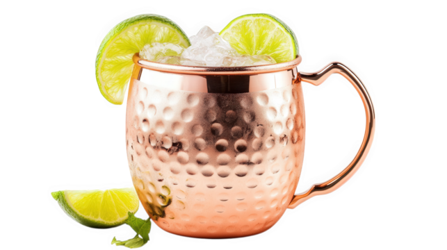 copper mug filled with ice and garnished with lime wedges. suggesting a refreshing beverage. commonly associated with cocktails the mug's textured surface adds visual interest. making it an appealing