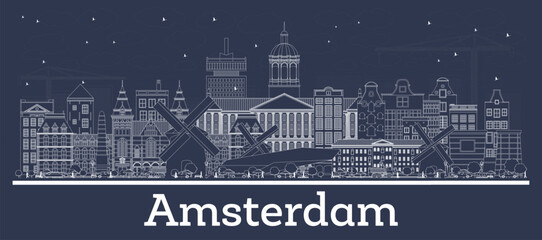Naklejka premium Outline Amsterdam Holland City Skyline with white Buildings. Business Travel and Tourism Concept with Historic Architecture. Amsterdam Netherlands Cityscape with Landmarks.