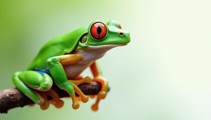 Green tree frog perched on white, vibrant color , green frog, macro