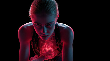 Top View Woman with Chest Pain Holding Head in Red Light