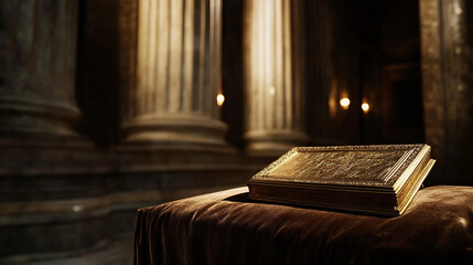 Ancient golden artifact on velvet, bathed in soft light, with marble columns behind; a timeless glimpse into cultural heritage.