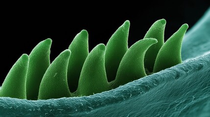 Obraz premium A close-up view of green, serrated structures under a microscope, showcasing intricate details of a biological surface.