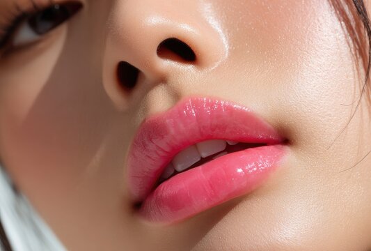 Close-up shot of an Asian woman with glossy pink lips, white background