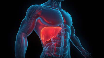 X-Ray Body with Liver Disease Highlighted in Red