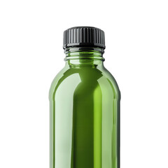 close-up of a green plastic bottle with a black screw-on cap. designed for holding liquids the bottle's sleek design and color suggest it may be used for beverages. promoting hydration or eco-friendly